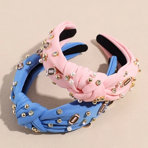 Modisches breites Stoff-Stirnband mit Perlen und Football-Anhängern in Rosa und Blau