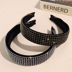 French vintage wide sponge headband with rhinestone plaid pattern in black and gold