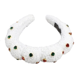 White faux shearling headband with red and green rhinestones for Christmas style