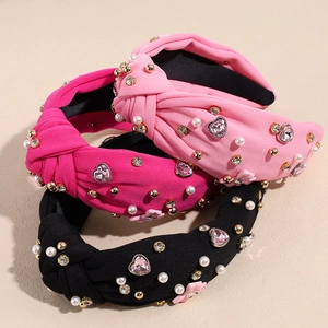 Modische breite Knotenstirnbänder mit Strass und Herzkristallen in Rosa und Schwarz