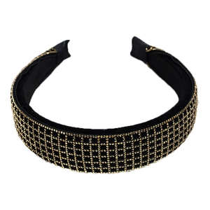 French vintage black velvet headband with gold rhinestone grid design for elegant style