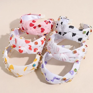 Sweet Fabric Knot Headband Heart Print Rhinestone Artificial Pearl Embellished Vintage Hair Hoop For Women Valentine Gift Hair Accessories