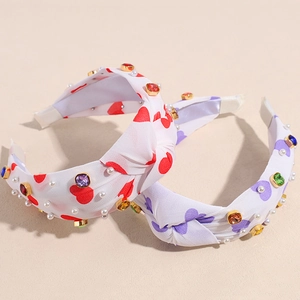 Pink heart print knotted headband set with colorful rhinestones and pearls for women
