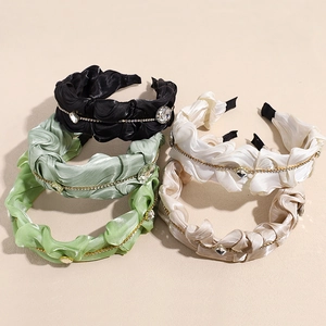 Französischer Stil Plissee Stoff Haarband Mit Strass Kette Elegant Breit Stirnband Für Damen Party Dekorative Schmuck