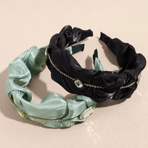 Elegante breite plissierte Stirnbänder in Schwarz und Mintgrün mit Strass und Edelsteinen