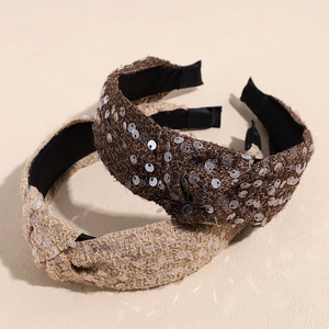 Sequin knotted headbands in brown and beige tweed fabric with a vintage high-top style