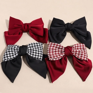 Korean Style Elegant Large Satin Bowknot Hair Clip With Houndstooth Pattern Vintage Spring Clip Hair Accessories For Women