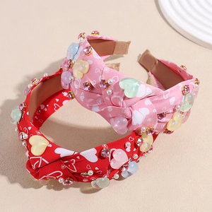Cerchietto Largo Con Nodo In Tessuto Con Stampa A Cuori Accessorio Per Capelli Da Donna Con Strass E Künstliche Perle San Valentino