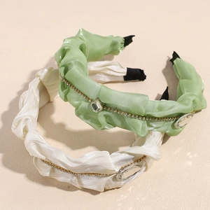 Eleganter französischer breiter plissierter Satin-Haarreif mit Strasssteinen in Grün und Weiß