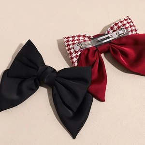 Minimalist houndstooth bow hair clips with wine red ribbon and black matte fabric