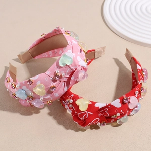 Cerchietti larghi alla moda con motivo a cuore, strass colorati e perle