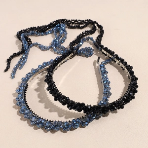 Handmade beaded crystal headband set with long fringe tassels in navy and black