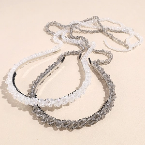 Luxe crystal headband set with long bead tassels in transparent white and smoky grey colors