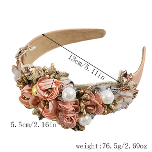 Detailed view of baroque headband featuring silk roses, pearls and rhinestones