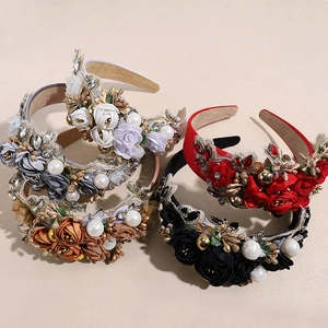 Baroque padded headband set with rhinestones, pearls and silk flowers in multiple colors