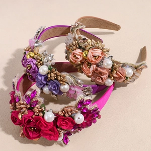 Baroque Flower Headband For Women Elegant 3D Satin Rose Rhinestone Faux Artificial Pearl Heavy Craft Wedding Party Hair Accessories