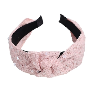 Pink tweed headband with sequins and knot design, high-top retro style hair accessory