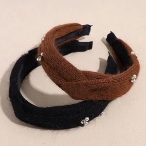 Gestricktes Stirnband-Set mit Perlen und Strasssteinen in Braun und Schwarz