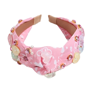 Cerchietto intrecciato rosa con motivi a cuore bianco, perle e cristalli moda