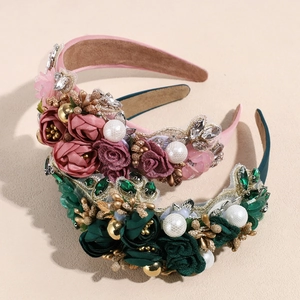 Baroque padded headband featuring handmade floral rhinestones and artificial pearls