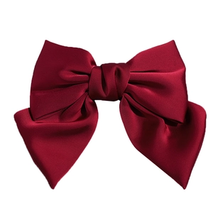 Elegant burgundy satin bow hair clip with chic houndstooth minimalist Korean style design