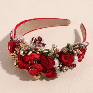 Detail of baroque headband with red roses, white pearls and sparkling rhinestones