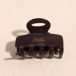 Macro shot of dark brown resin hair claw clip with golden Barrette La France lettering