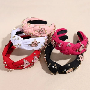 Serre-tête Large Noué pour Femmes Bandeau en Tissu Avec Cœur en Émail Künstliche Perle Strass Rose Relief Accessoires de Cheveux Mariée