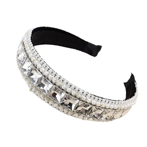 Baroque luxury wide headband with shimmering square rhinestones and white pearls on black velvet