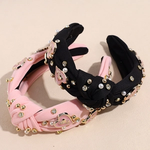 Serre-tête noué rembourré avec strass et cœurs en émail rose en tissu noir et rose clair