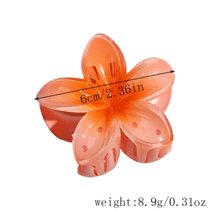 Detail view of a 6cm peach flower hair claw clip with size and weight dimensions shown