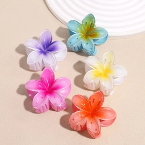 Set of five colorful matte flower hair clips in summer beach style on beige background