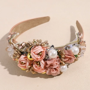 Elegant baroque headband with pink satin roses, pearls and crystals for high skull top look