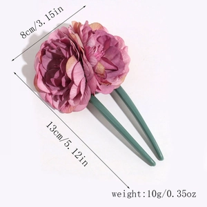 Detail view of pink rose U-shaped hair fork showing dimensions 13cm length and 8cm width