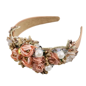 Baroque padded headband with rhinestones pearls and rose fabric flowers for weddings