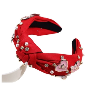 Serre-tête de mariée noué rouge avec strass, perles et cœurs en émail rose