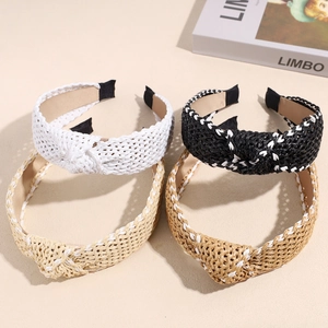 Handmade Wide Brim Raffia Braided Headband For Women Bohemian Cross Knot Straw Hair Band Vacation Beach Hair Accessories