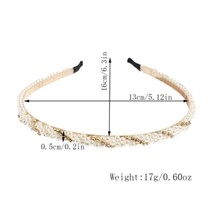 Detailed view of thin gold headband with white pearls and rhinestones showing dimensions