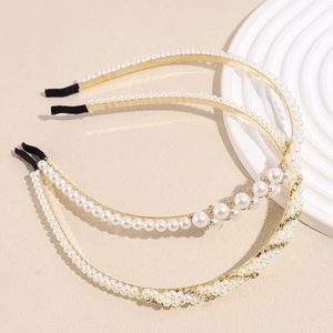 Elegant rhinestone and pearl headbands with gold alloy frames in a two-piece set