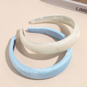 Elegant thick sponge headbands in light blue and beige jacquard floral satin fabric