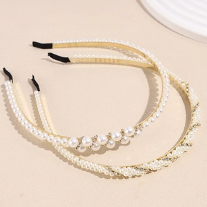 French Vintage Rhinestone Faux Artificial Pearl Gold Alloy Headband For Women Elegant Thin Hairband Daily Party Wedding Hair Accessories