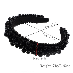 Detailed view of wide baroque sponge headband with black beaded pearls and dimensions