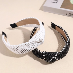 Minimalist wide raffia braided headband with knot design in white and black colors