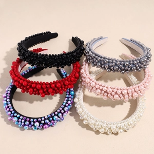 Baroque Wide Brim Artificial Pearl Headband Handmade Beaded Sponge Hair Hoop Elegant Vintage Wedding Party Hair Accessories For Women