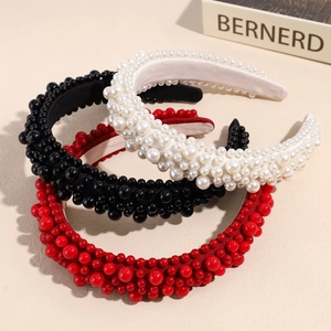 Baroque sponge headband set with multi-size faux pearls in black, white and red colors