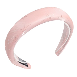 Elegant pink satin padded headband with floral pattern and handmade label