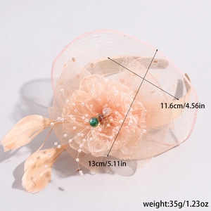 Detail view of apricot mesh flower headpiece with pearls, feathers and dimensions