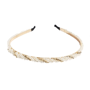 Elegant gold metal headband with double rows of pearls and rhinestones for women