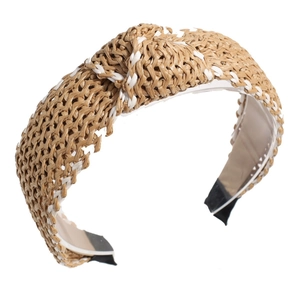 Fashionable raffia wide knotted headband with woven texture and cross knot design in khaki