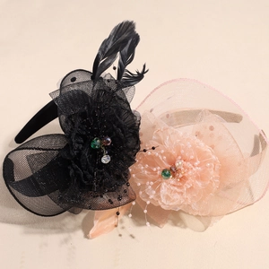 Vintage mesh fascinator headband with feathers and pearls for bridal party